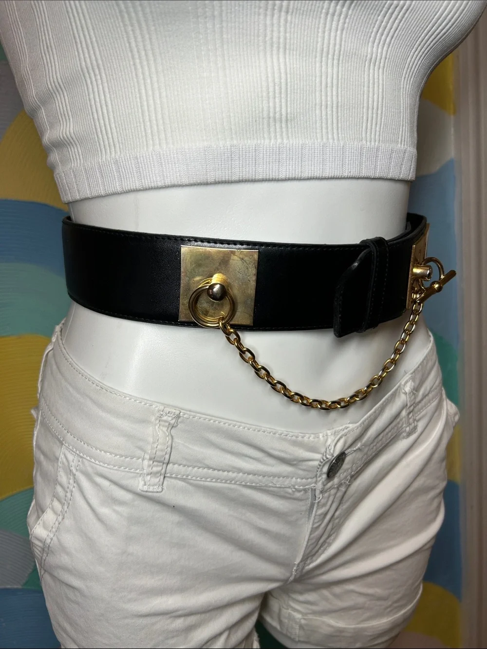 Vintage 1990s Black Leather Waist Belt with Gold Chain Accent Genuine Leather